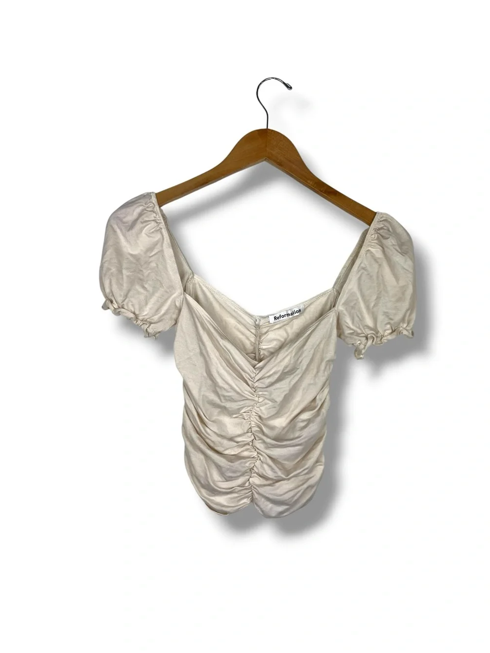 Reformation Fallow Womens Cream Ruched Puff Sleeve Square Neck Crop Top XS